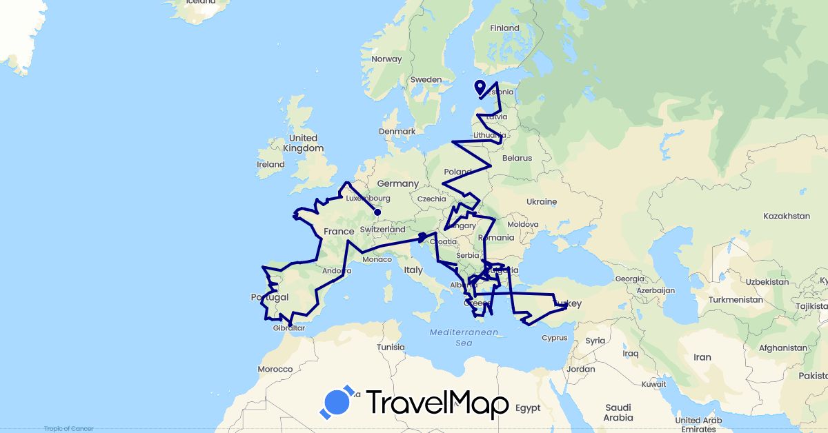 TravelMap itinerary: driving in Albania, Belgium, Bulgaria, Estonia, Spain, France, Greece, Croatia, Hungary, Italy, Lithuania, Latvia, Montenegro, Macedonia, Poland, Portugal, Romania, Slovenia, Slovakia, Turkey (Asia, Europe)